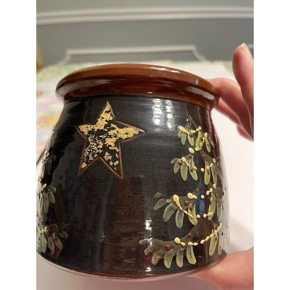 Eldreth Pottery Redware Crock Hand Painted Christmas Tree Stars Signed Folk Art